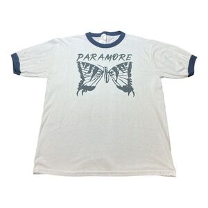 Paramore Brand New Eyes Butterfly Ringer Tee White Navy Blue Band Shirt